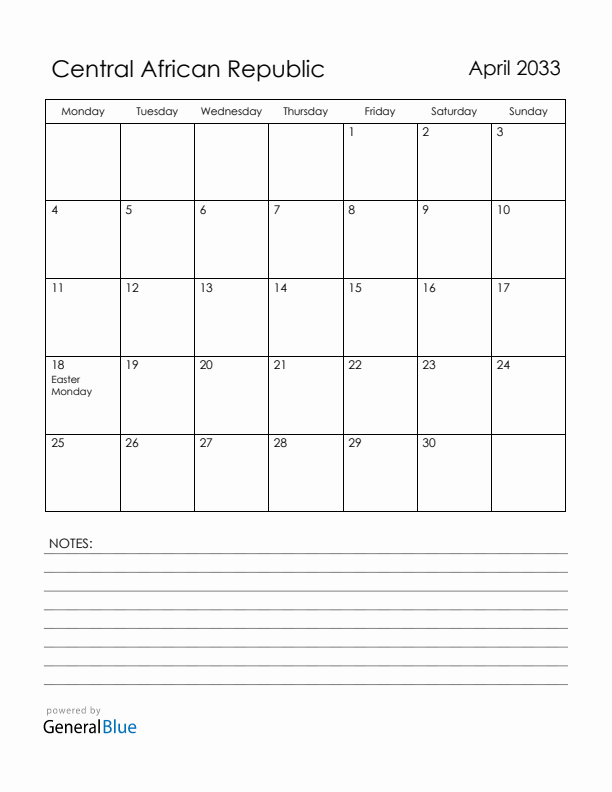 April 2033 Central African Republic Calendar with Holidays (Monday Start)
