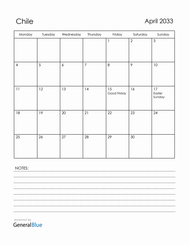 April 2033 Chile Calendar with Holidays (Monday Start)
