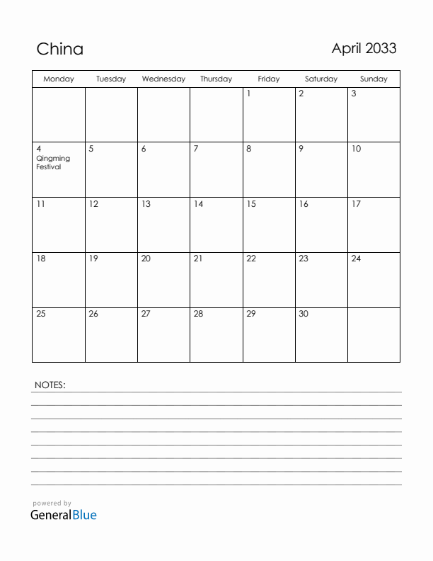 April 2033 China Calendar with Holidays (Monday Start)