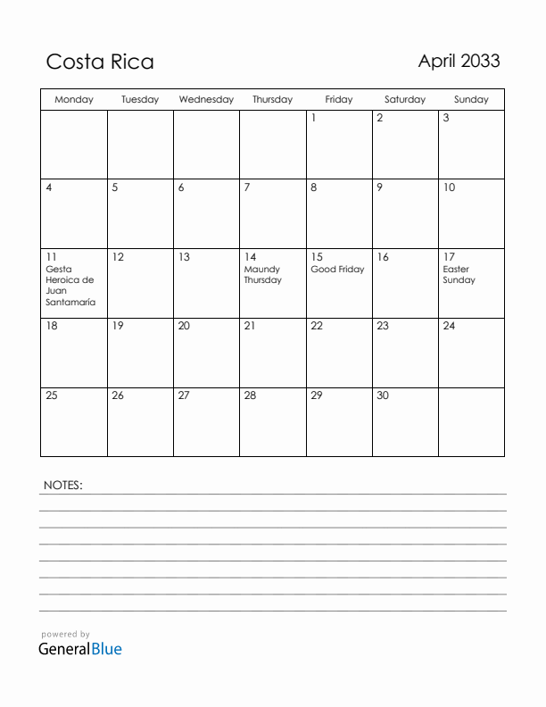 April 2033 Costa Rica Calendar with Holidays (Monday Start)