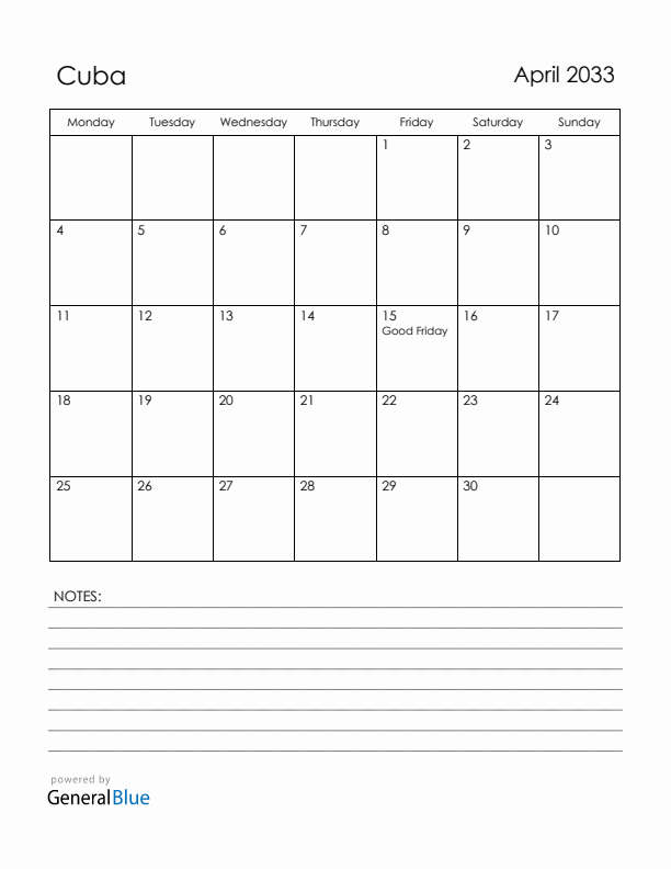 April 2033 Cuba Calendar with Holidays (Monday Start)