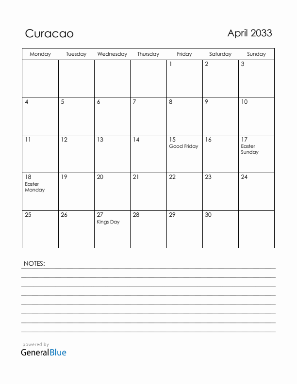 April 2033 Curacao Calendar with Holidays (Monday Start)