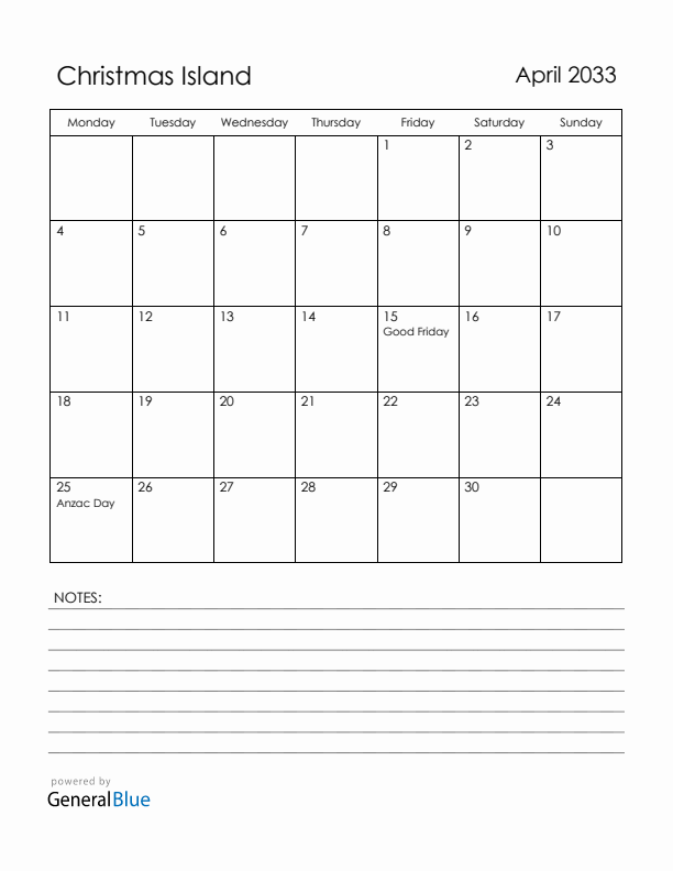 April 2033 Christmas Island Calendar with Holidays (Monday Start)
