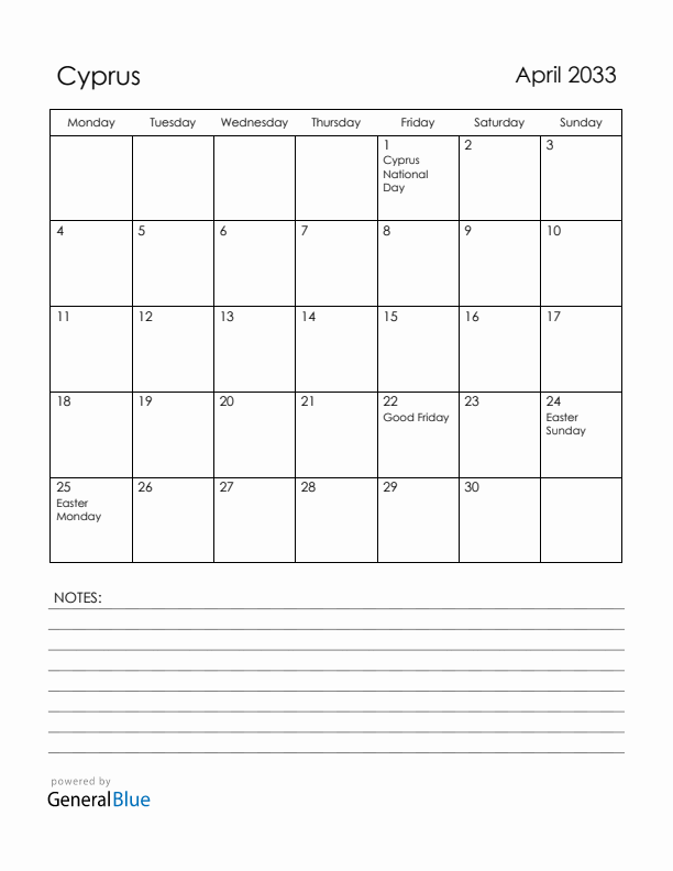 April 2033 Cyprus Calendar with Holidays (Monday Start)