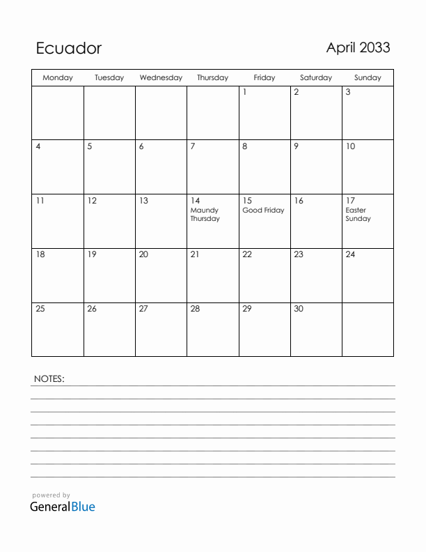 April 2033 Ecuador Calendar with Holidays (Monday Start)