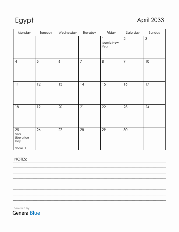 April 2033 Egypt Calendar with Holidays (Monday Start)