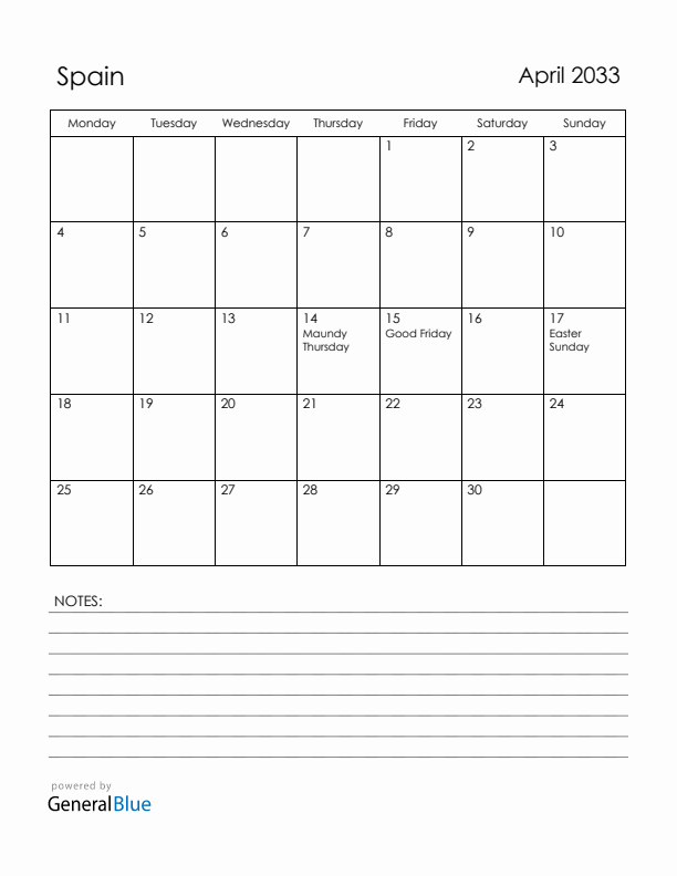 April 2033 Spain Calendar with Holidays (Monday Start)