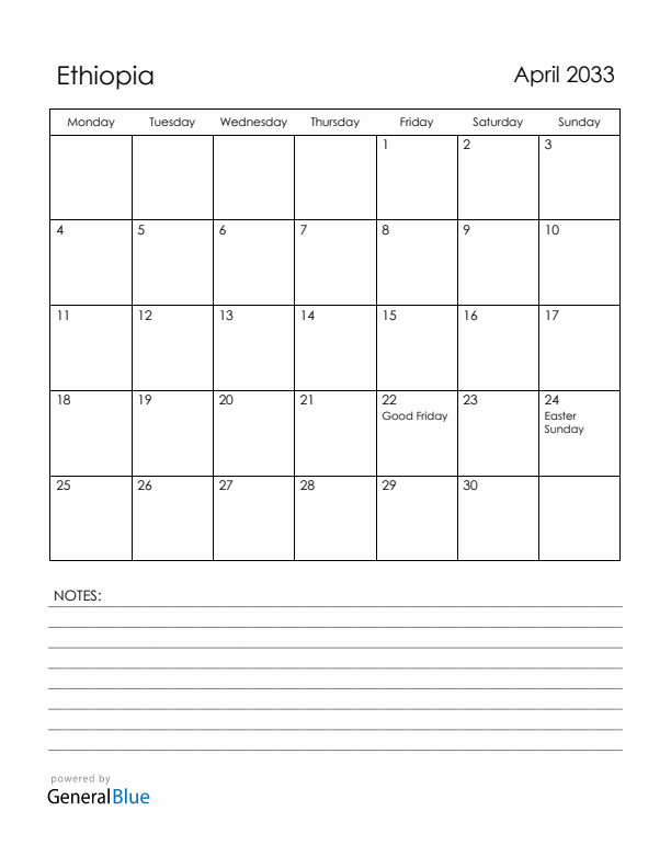 April 2033 Ethiopia Calendar with Holidays (Monday Start)