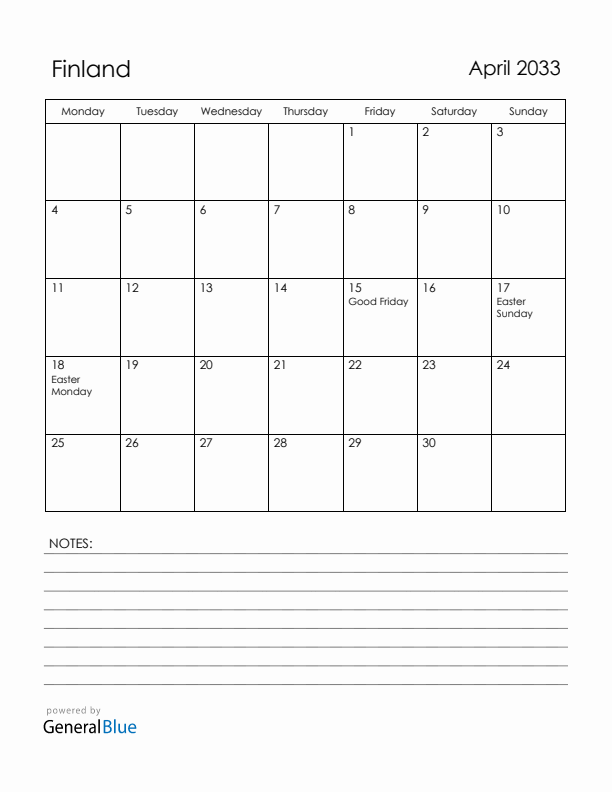 April 2033 Finland Calendar with Holidays (Monday Start)
