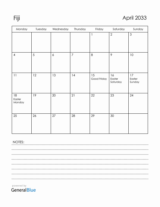 April 2033 Fiji Calendar with Holidays (Monday Start)