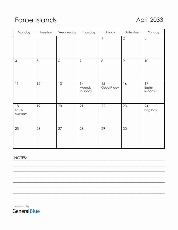 April 2033 Faroe Islands Calendar with Holidays (Monday Start)