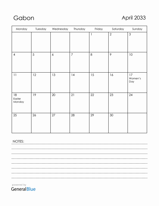 April 2033 Gabon Calendar with Holidays (Monday Start)