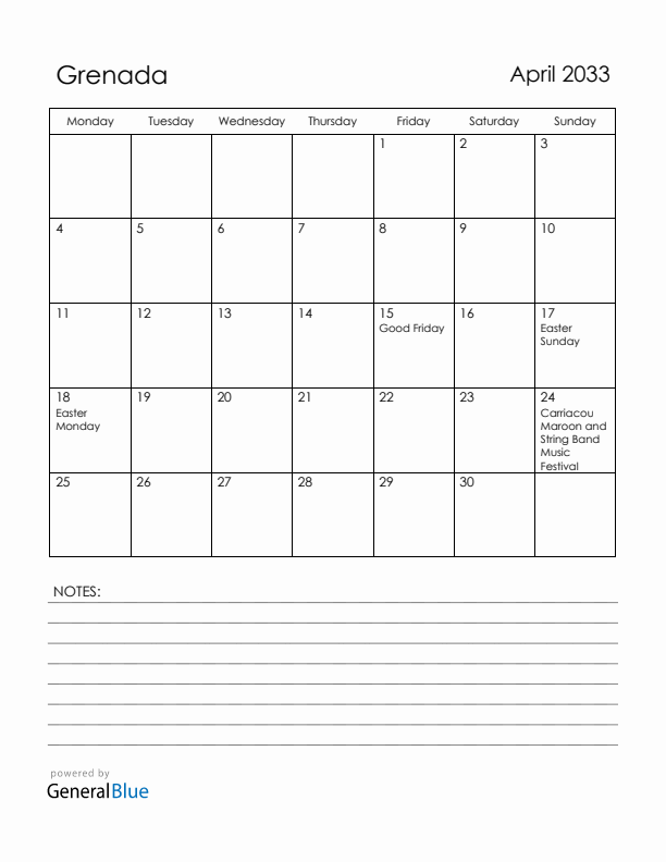 April 2033 Grenada Calendar with Holidays (Monday Start)