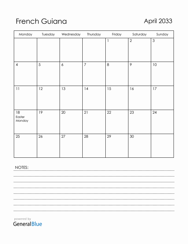 April 2033 French Guiana Calendar with Holidays (Monday Start)