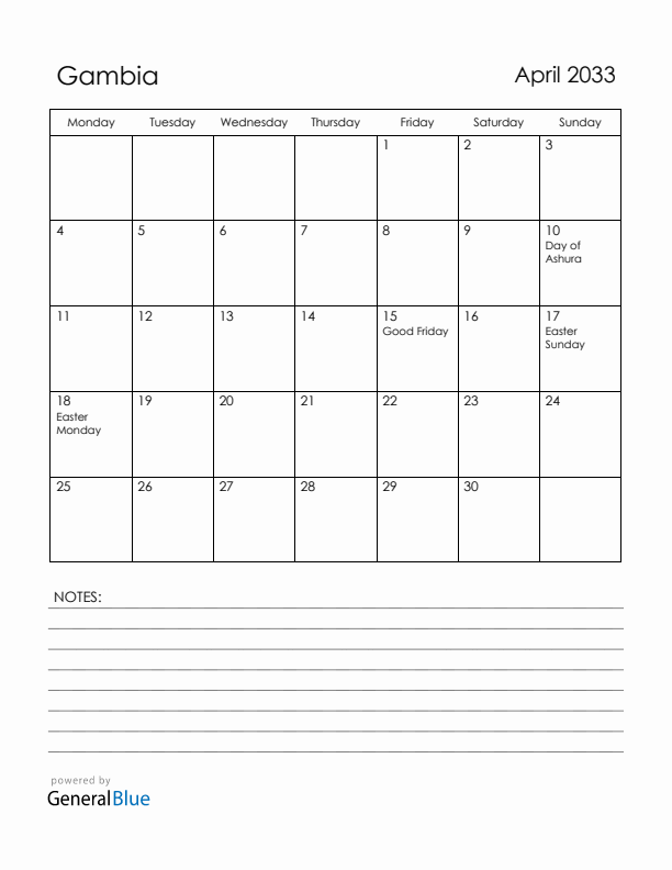 April 2033 Gambia Calendar with Holidays (Monday Start)