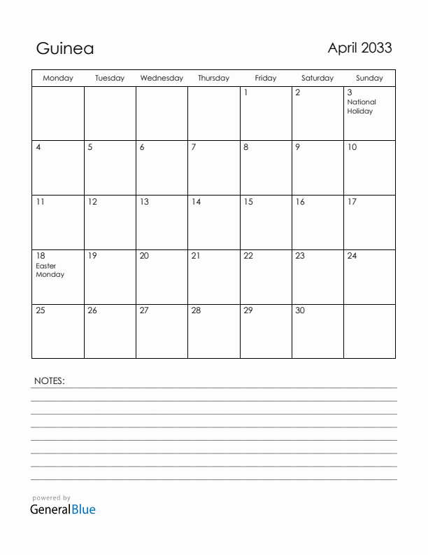 April 2033 Guinea Calendar with Holidays (Monday Start)