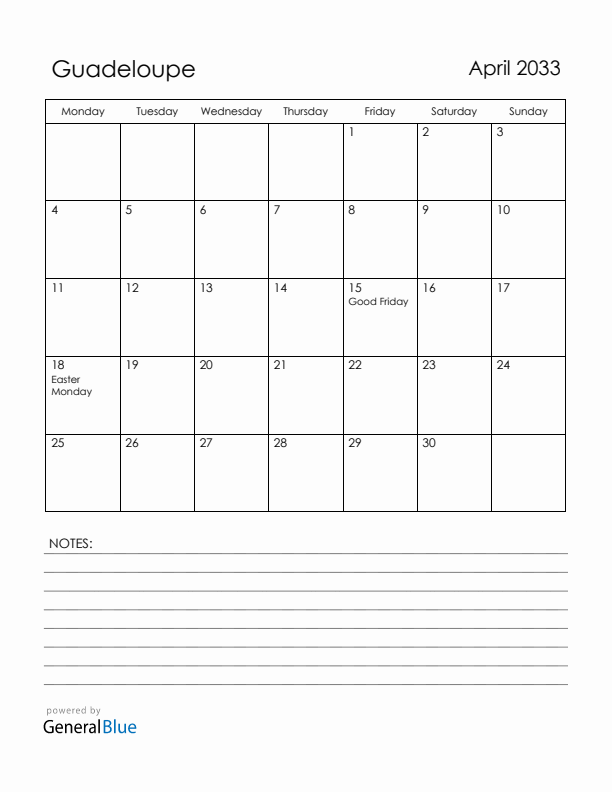 April 2033 Guadeloupe Calendar with Holidays (Monday Start)