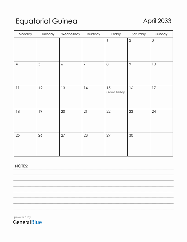 April 2033 Equatorial Guinea Calendar with Holidays (Monday Start)