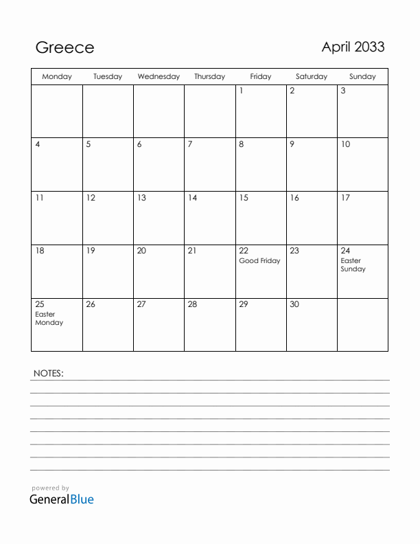 April 2033 Greece Calendar with Holidays (Monday Start)