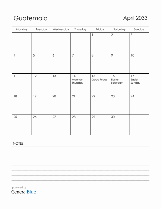 April 2033 Guatemala Calendar with Holidays (Monday Start)