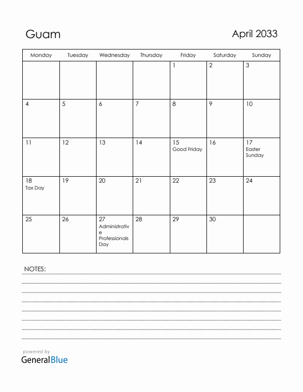 April 2033 Guam Calendar with Holidays (Monday Start)
