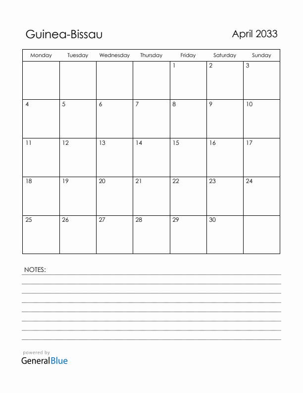 April 2033 Guinea-Bissau Calendar with Holidays (Monday Start)