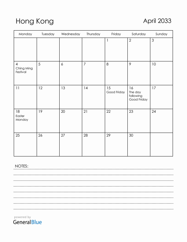 April 2033 Hong Kong Calendar with Holidays (Monday Start)