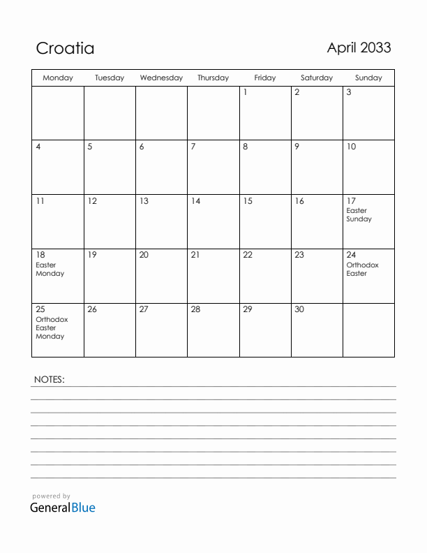 April 2033 Croatia Calendar with Holidays (Monday Start)