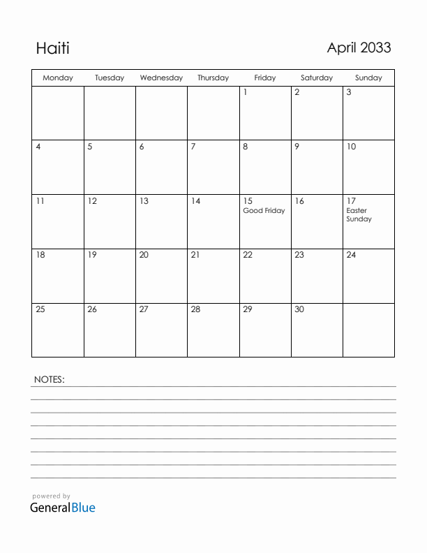 April 2033 Haiti Calendar with Holidays (Monday Start)