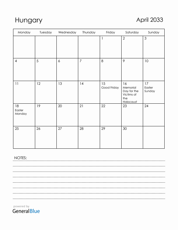 April 2033 Hungary Calendar with Holidays (Monday Start)