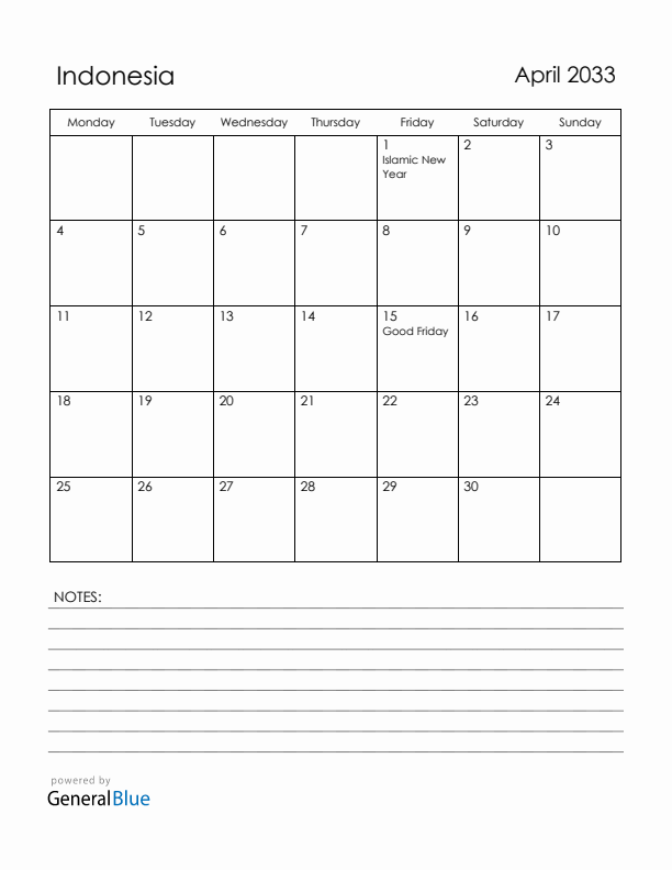 April 2033 Indonesia Calendar with Holidays (Monday Start)