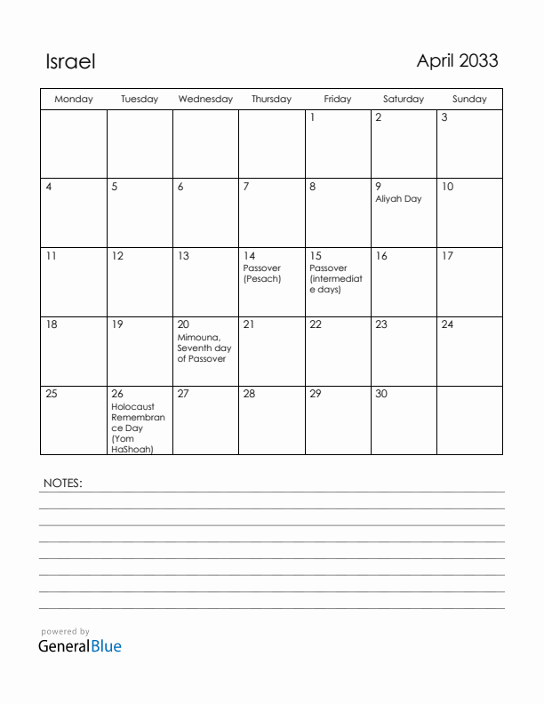 April 2033 Israel Calendar with Holidays (Monday Start)