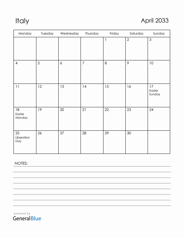 April 2033 Italy Calendar with Holidays (Monday Start)