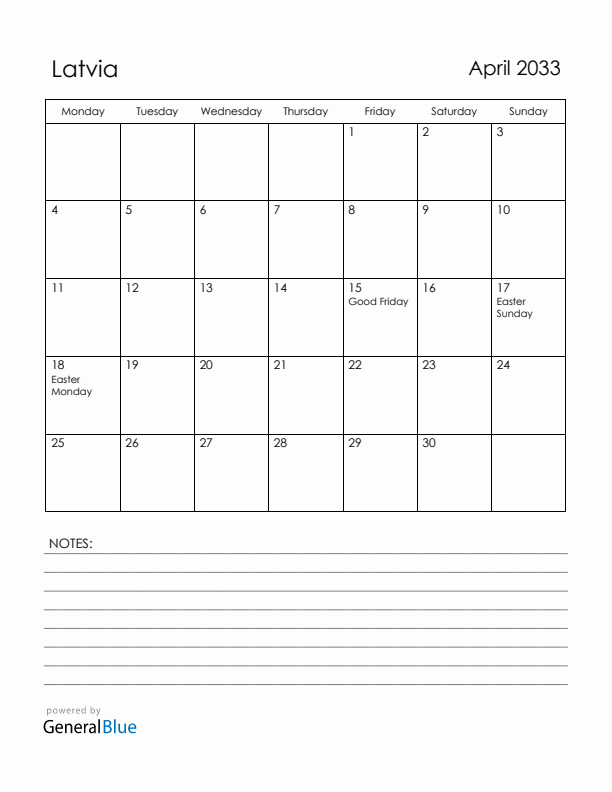 April 2033 Latvia Calendar with Holidays (Monday Start)