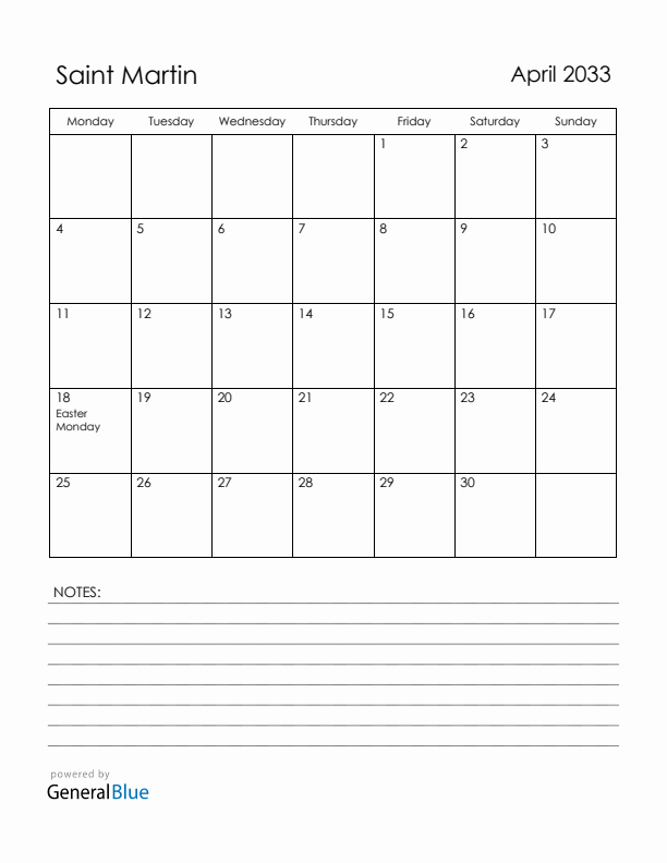 April 2033 Saint Martin Calendar with Holidays (Monday Start)