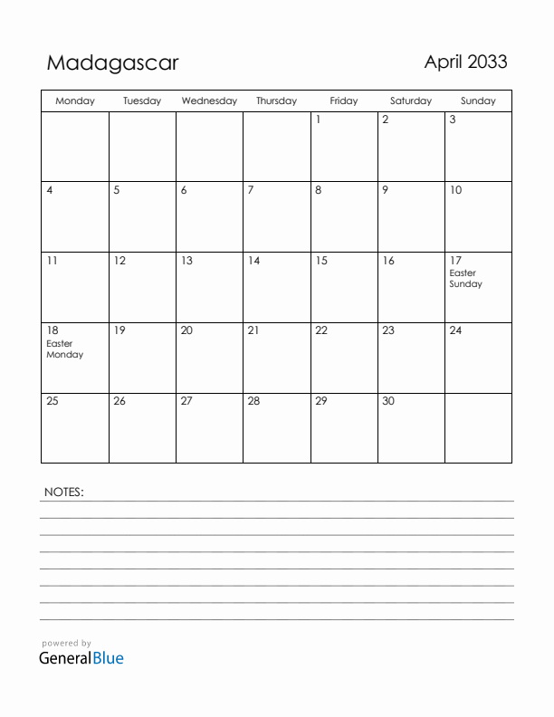 April 2033 Madagascar Calendar with Holidays (Monday Start)