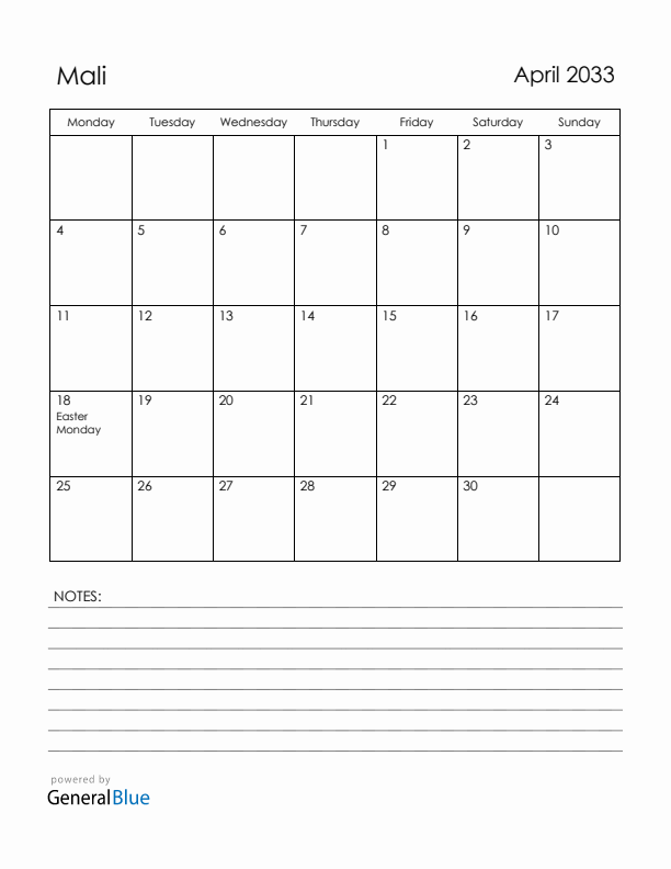 April 2033 Mali Calendar with Holidays (Monday Start)