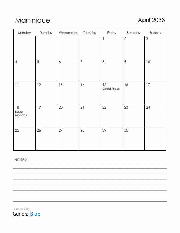April 2033 Martinique Calendar with Holidays (Monday Start)