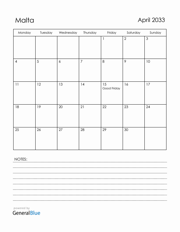 April 2033 Malta Calendar with Holidays (Monday Start)