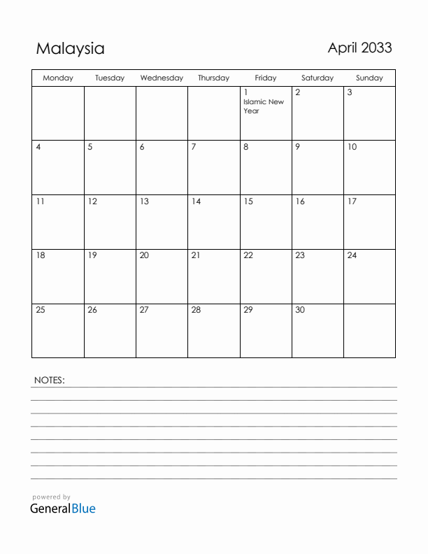 April 2033 Malaysia Calendar with Holidays (Monday Start)