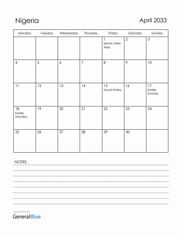 April 2033 Nigeria Calendar with Holidays (Monday Start)