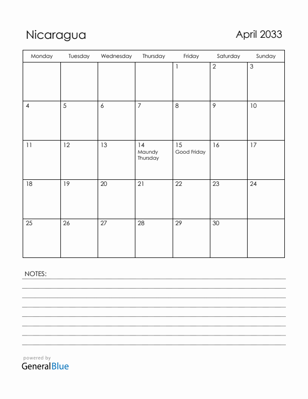 April 2033 Nicaragua Calendar with Holidays (Monday Start)