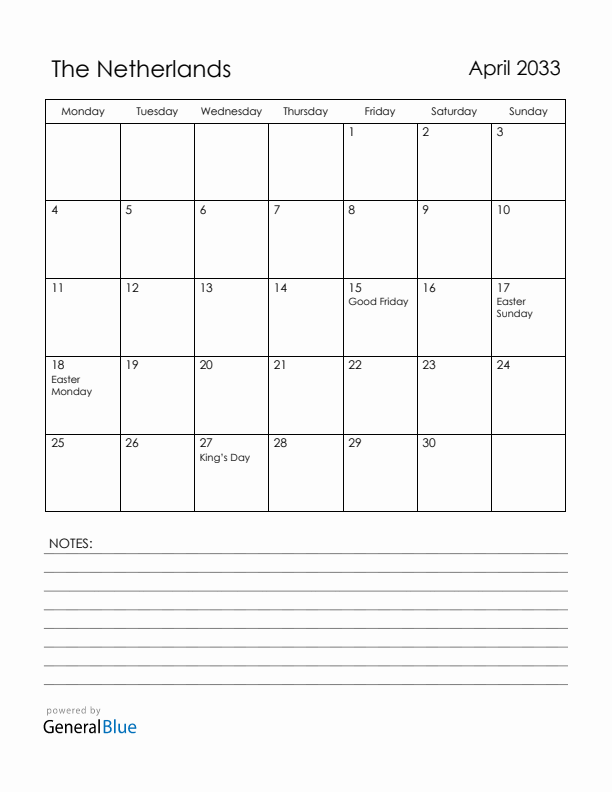 April 2033 The Netherlands Calendar with Holidays (Monday Start)