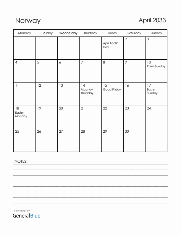 April 2033 Norway Calendar with Holidays (Monday Start)