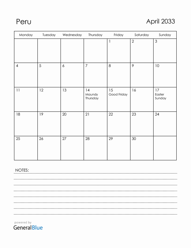 April 2033 Peru Calendar with Holidays (Monday Start)