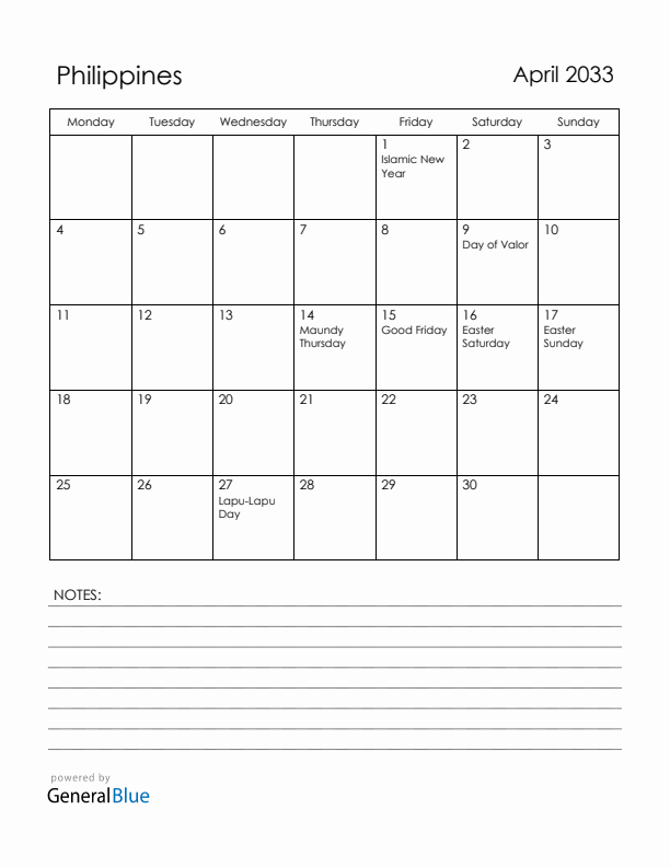 April 2033 Philippines Calendar with Holidays (Monday Start)