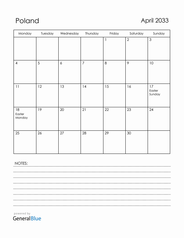 April 2033 Poland Calendar with Holidays (Monday Start)