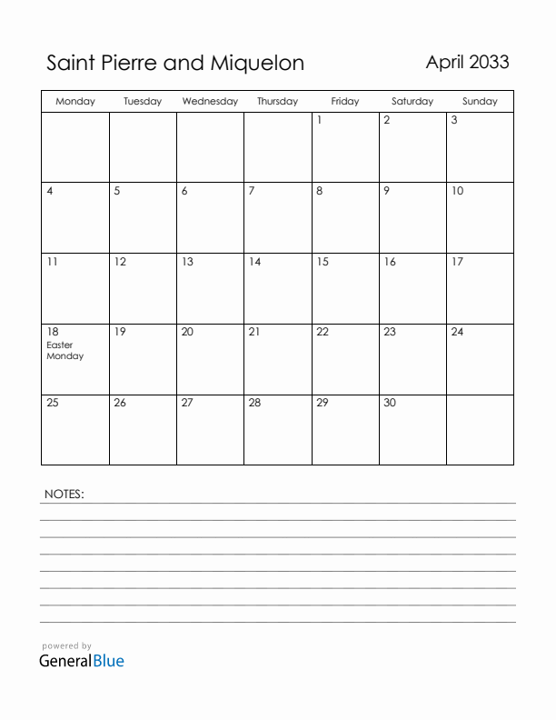 April 2033 Saint Pierre and Miquelon Calendar with Holidays (Monday Start)
