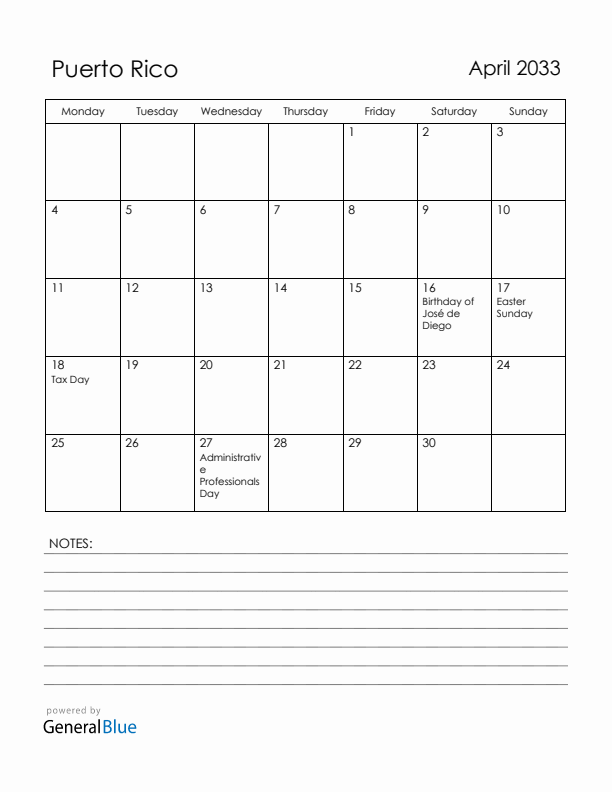 April 2033 Puerto Rico Calendar with Holidays (Monday Start)