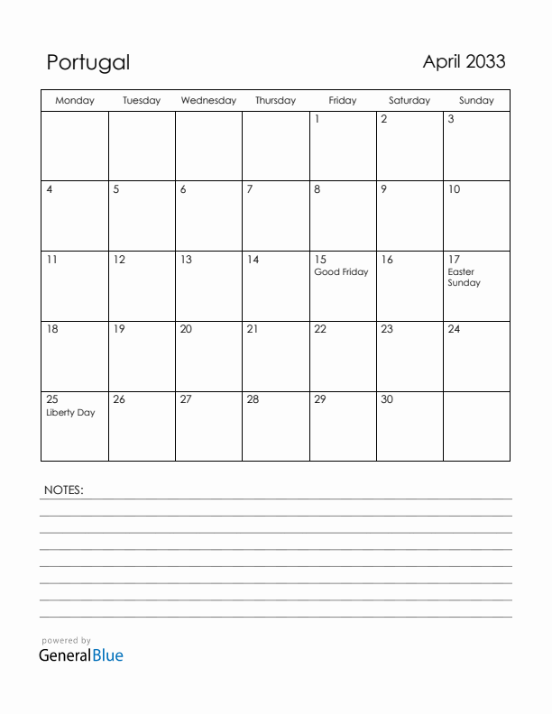 April 2033 Portugal Calendar with Holidays (Monday Start)